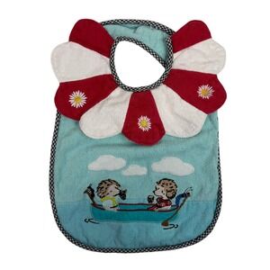 Mackenzie-Childs Hedgehog Boat Baby Bib Blue Terry Cloth Petal Collar Check Trim